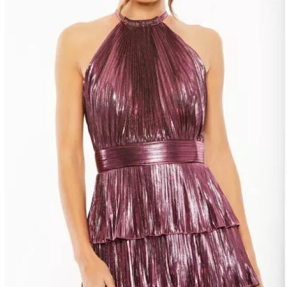 Mac Duggal Rose High Neck Pleated Tiered Ruffle Metallic Gown Women’s Sz 10 - Picture 3 of 9
